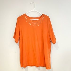 Alia Vibrant Orange Studded Neckline Tee
